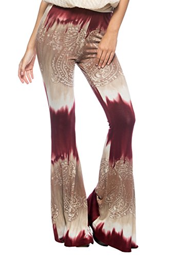 Women's Tie-Dye Style Paisley Print 70s Retro Wide Leg Flared Bell Bottoms Pants (Large)