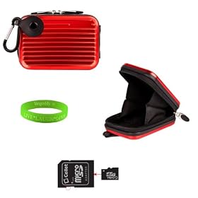 Metal Case for your Canon Powershot A1200 in Red and black interior lined with nylon preventing scratches + Green Vangoddy Bracelet + 16gb SD card + Camera Tripod!!!