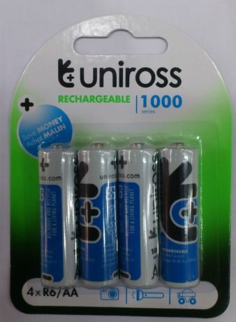 EVEREADY INDUSTRIES Uniross 1.2V 1000 mAh NI-MH Rechargeable Batteries (Blue) - Set of 4 EVEREADY INDUSTRIES Uniross 1.2V 1000 mAh NI-MH Rechargeable Batteries (Blue) - Set of 4