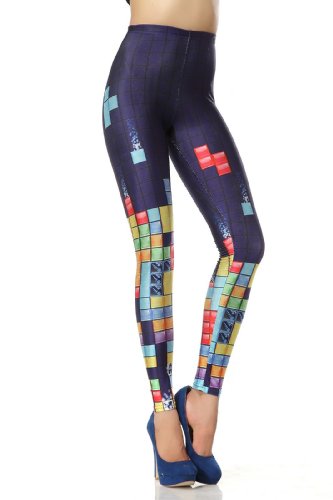 Amour - Women Rock X-ray Skeleton Bone Skull Leggings Tights Black (Regular Size, Russian Magic diamond Tetris)