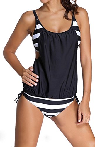 Anmengte Women Stripes Tankini Lined up Bathing Suit Double Up Swimwear Sets