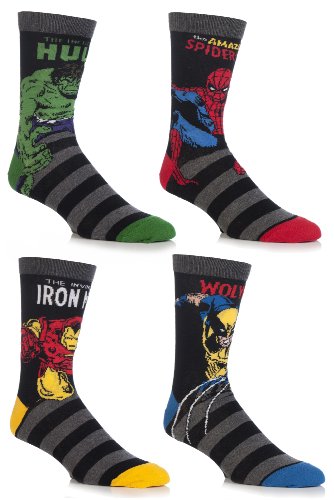 SockShop Men's 4 Pair Marvel Comics Mix Hulk, Spider-Man, Ironman & Wolverine Socks