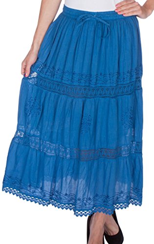 Sakkas Solid Embroidered Gypsy Bohemian Mid Length Cotton Skirt