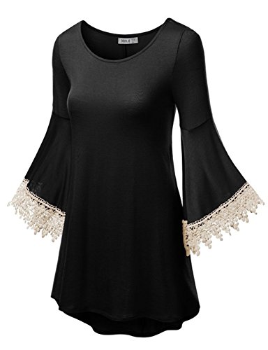 Amstt Bat Wing Slim Lace Polyester Bell 3/4 sleeves Crewneck JADE Long Tunic Top