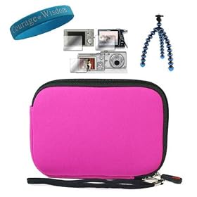 Magenta Mini Camcorder scratch-proof Case for Panasonic TA1 Ultrathin HD Pocket Camcorder + Screen Protector for Panasonic TA-1 + 6 inch Blue Tripod + Wristband
