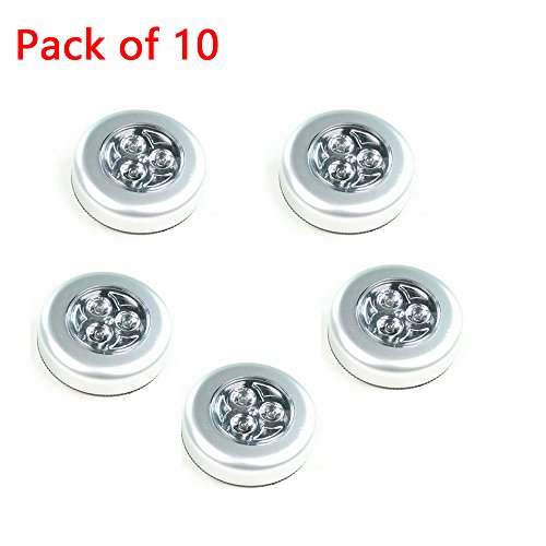 Exlight 3 LED Tap Touch Lamp Light Night Light -Emergency White Light Wireless Battery-powered- Set of 10(Silver)