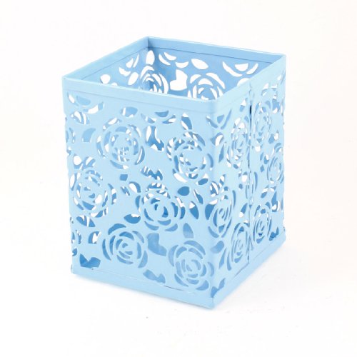 uxcell® Light Blue Hollow Rose Flower Square Metal Pen Pencil Pot Holder Organizer