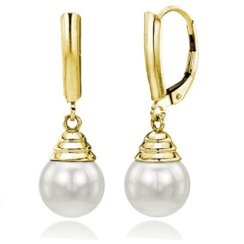 14k Gold 9-9.5mm Round Cultured High Luster AAA Pearl Lever-back Earrings