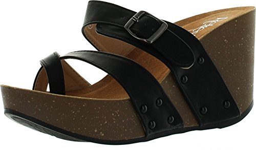 Refresh MARA-01 Women's Slide On Comfort Criss Cross Platform Wedge Sandal