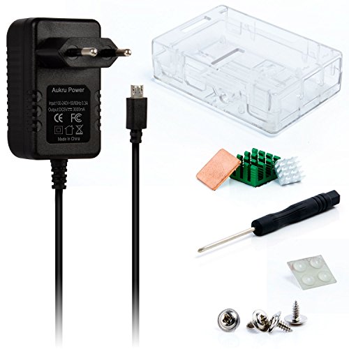 Aukru Transparente Caja + Micro USB 5V 3000mA Cargador + disipador de calor para Raspberry Pi 3 Modelo B