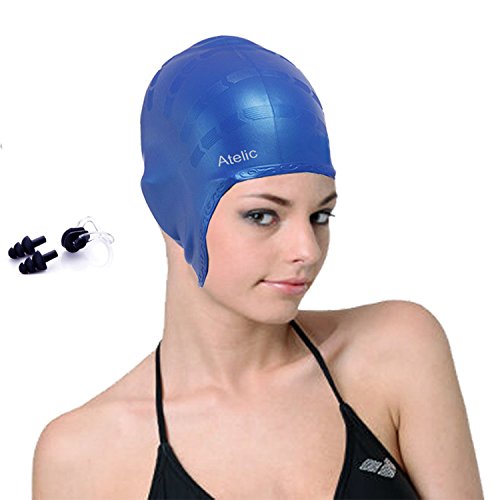 #1 Rated Swim Cap On Amazon - 2016 Atelic® Best Swimming Cap Comfortable Silicone Cap with Full ear protection for Hair and Nose Clip