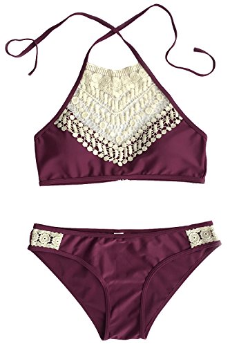 Cupshe Fashion Women's Lace Splicing Halter Padding Tank Bikini Set