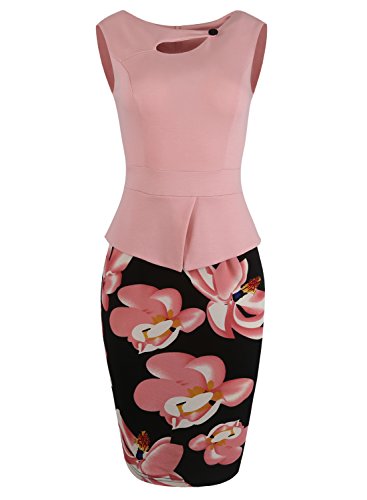 Fantaist Women's Keyhole Neck Floral Print Cotton Peplum Bodycon Office Dress