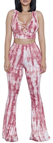 Women's Tie Dye Print Racerback Lace Up Bra Wide Leg Flared Bell Pants Outfits S
