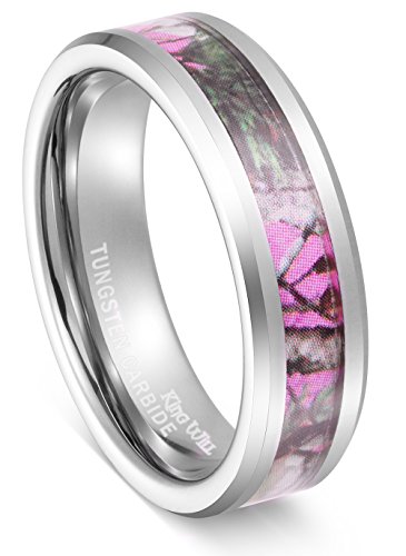 King Will 6mm Elegant Women's Hunting Camo Camouflage Pink/Rose/Green Tungsten Carbide ring Wedding Band (9.5)
