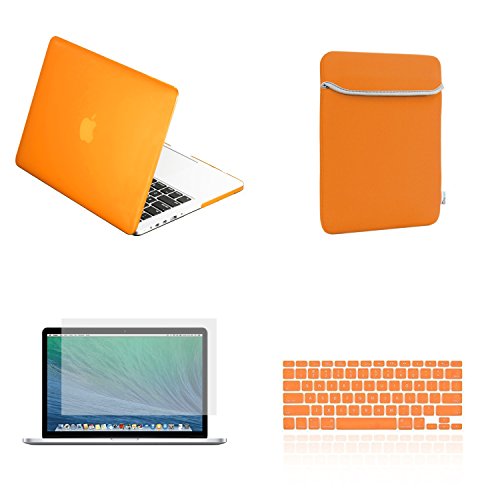 TopCase Rubberized Hard Case for Macbook 13-Inch Pro A1425 and A1502 Bundle with Sleeve Bag, Silicone Keyboard Cover, LCD HD Clear Screen Protector and Mouse Pad - Orange