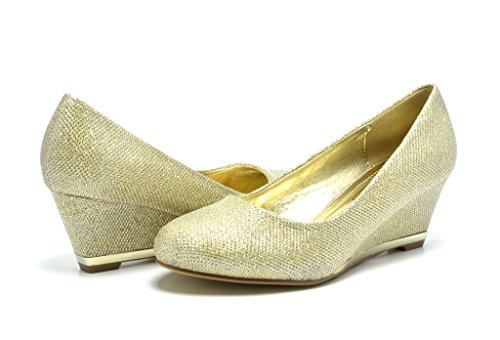 Sassy Sexy ELLE-2 New Women's Faux Suede/Glitter Upper Low Wedge Heels Pumps Shoes,ELLE-2-GOLD,7.5 B(M) US