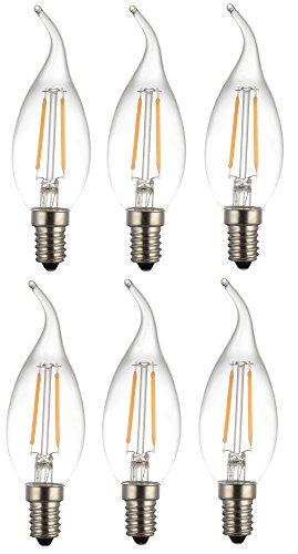 COOLWEST LED Filament Candelabra Light Bulb, Clear Glass, E12/2Watt, 120V No-Dimmable ,2700K Warm White, Replacement for 25 Watt Incandescent Bulb,Pack of 6 Units (2W/Flame Tip)