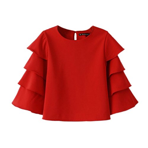 Memorose Women Elegant O-Neck Solid Ruffle Flare Sleeve Short Top Shirt Blouse