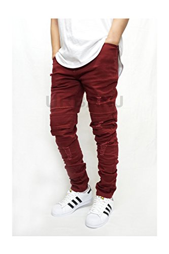 URBANJ MEN'S MAROON TWILL DISTRESSED SKINNY BIKER JEANS