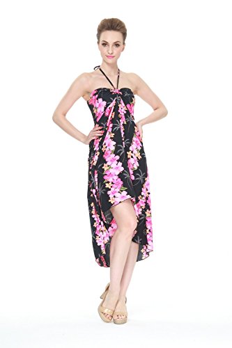 Women's Hawaiian Butterfly Luau Dress in Black Pink Panel Hibiscus Palm Print
