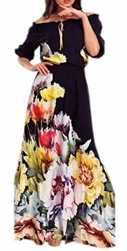Unko Womens Elegant Floral Vintage Long Sleeve V-neck Maxi Dress Yellow black Large