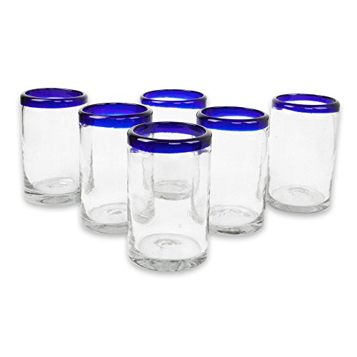 NOVICA Artisan Crafted Hand Blown Clear Blue Recycled Glass Juice Glasses, 14 oz. 'Classic' (set of 6)