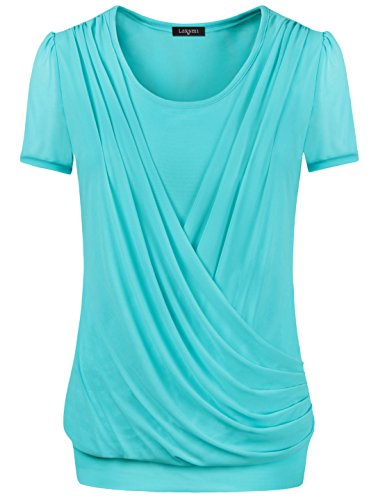 Laksmi Women's Gauze Faux Twinset V-Crossed Front-Pleated Tunic Shirts Blouse