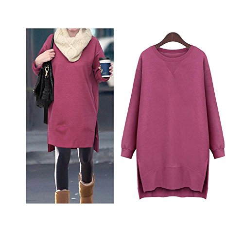 Mintsnow Womens Girls Solid Color Long Sleeves Side Slit Fleece Sweatshirt Dress