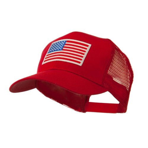 6 Panel Mesh American Flag White Patch Cap - Red W38S61E