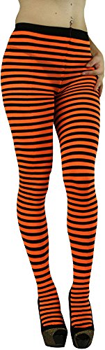 ToBeInStyle Women's Colorful Opaque Striped Tights Pantyhose Stocking Hosiery - BLACK/NEONORANGE - One Size