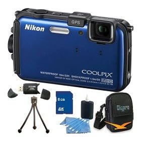 Nikon COOLPIX AW100 16 MP CMOS Waterproof Digital Camera with GPS and Full HD 1080p Video (Blue) Premiere Bundle