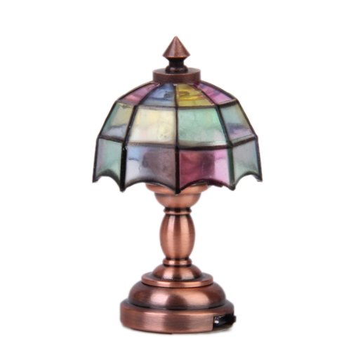 Bronze MetalLED Desk Lamp Model with Multicolor Umbrella Shape Lampshade 1:12 Dollhouse Miniature