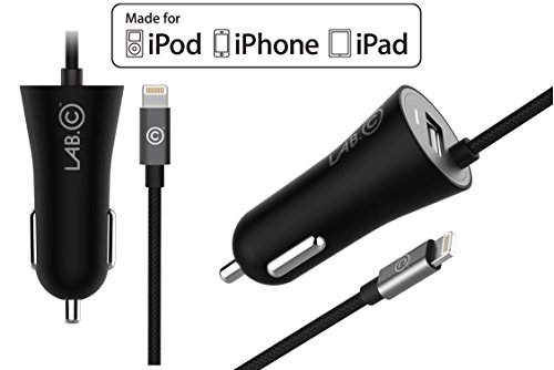 Car Charger LABC [Apple MFI Certified] 3.4A Lightning iPhone Car Charger with 4 ft Lightning Cable for iPhone 6s, 6 / 6 Plus / 6S Plus / 5s / 5, iPad Air 2 and more by LABC (BLACK / GREY)