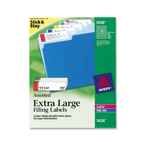 

Filing Labels, Laser/Inkjet Printable, 1/3 Cut Tab, Assorted Colors, 450/Pack AVE5026