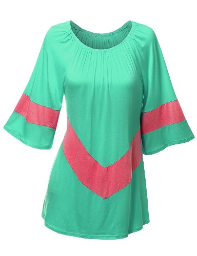 SJSP Women V-contrast Color Shirring Neckline Tunic Top