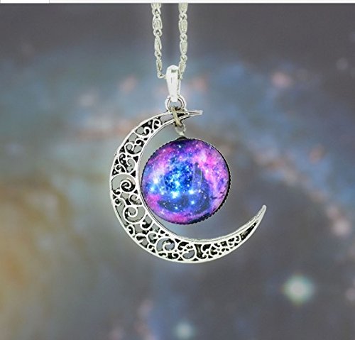 

Joyplancraft Galaxy Necklace Hollow Out Crescent with Blue Purple Star Galactic Cosmic Moon Charm Necklace Wedding Necklace