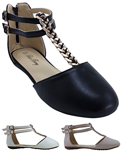 Enimay Women's Ankle T-Strap Flats Girls Gladiator Sandals Zipper Metal Buckle