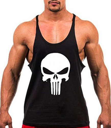 SLSY Men's Gym Tank Top Skull Printed Workout Fitness Bodybuilding Stringer Vest
