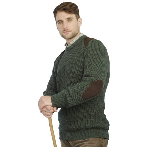 100% Pure Wool Irish Fishermans Rib Sweater with Patches by West End Knitwear