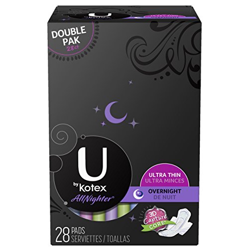 U By Kotex AllNighter Overnight Ultra Thin Pads with Wings, Unscented, 28 Count