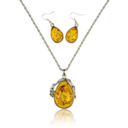 VTG Tibet Silver Yellow Artificial Amber Necklace Hook Earrings Teardrop Pendant Sets