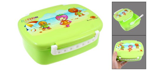 

Cartoon Pattern Lunch Box Food Container Holder Green w Spoon