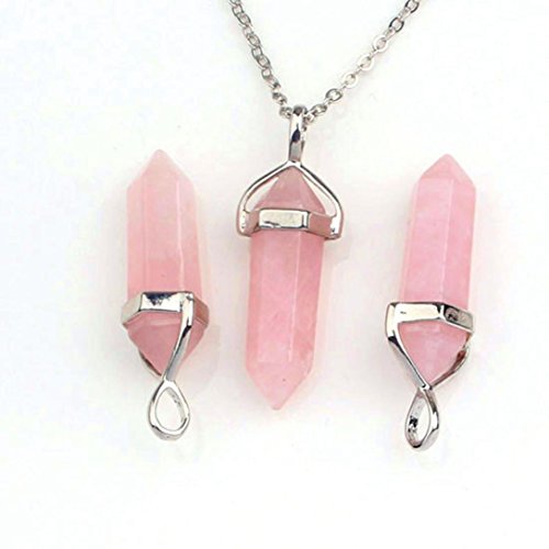 Sunward Natural Rock Crystal Quartz Hexagonal Healing Point Pendant Chakra Cut Gemstone Pendant Necklace Beauty Jewelry (Pink)