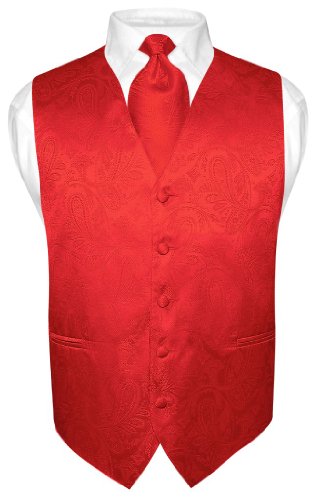 Men's Paisley Design Dress Vest & NeckTie RED Color Neck Tie Set for Suit or Tux