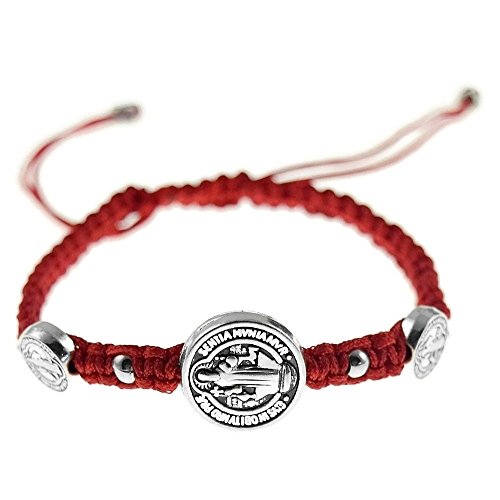San Benito St Saint Benedict Adjustable Red Cord Silver Tone Medal 3 Medallion Bracelet