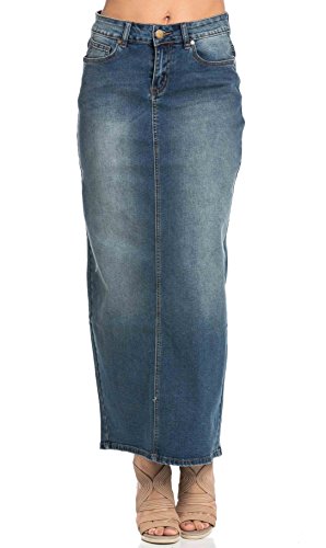Women's Stone Washed Long Denim A-line Maxi Skirt