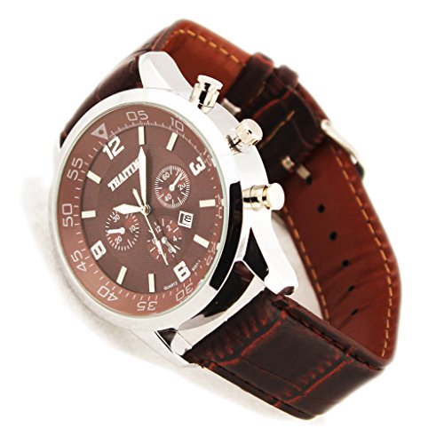 THAITIME TM Quartz Business Men's Military Auto Date Leather Watches Waterproof Watch Color Brown