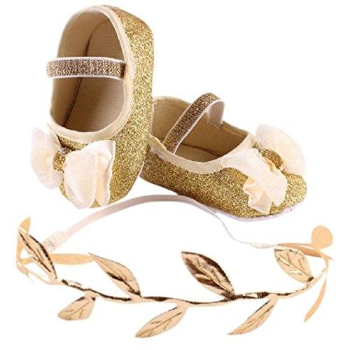 DZT1968® Baby Girl Soft Sole Bowknot Bling Prewalker Shoes With Leaf Headband