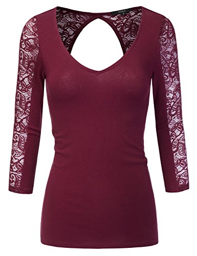 Doublju Womens 3/4 Sleeve V-Neck Lace Paneled Top With Cutout Back